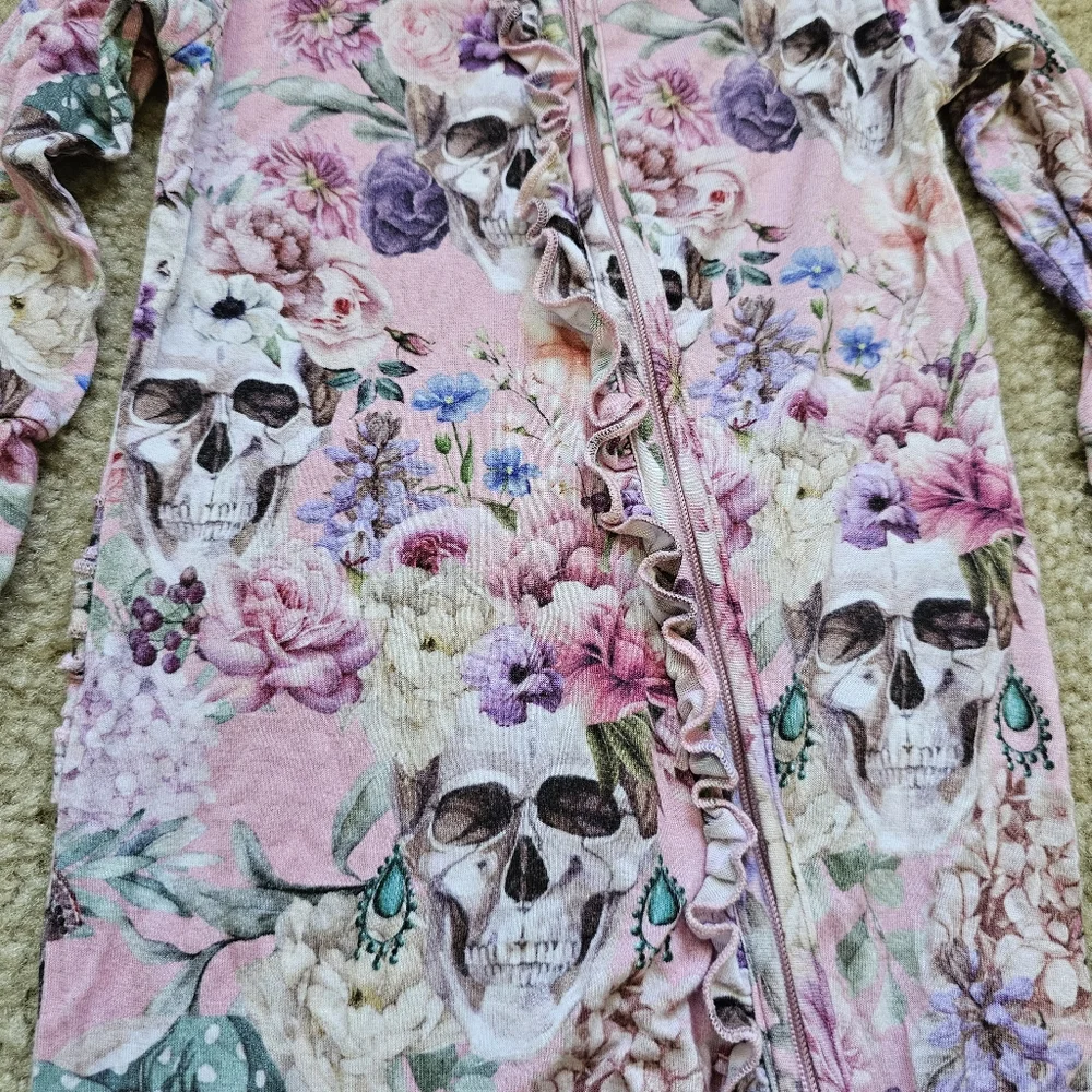 Posh Peanut bamboo one piece footie pink floral skulls ruffles size 18-24 months